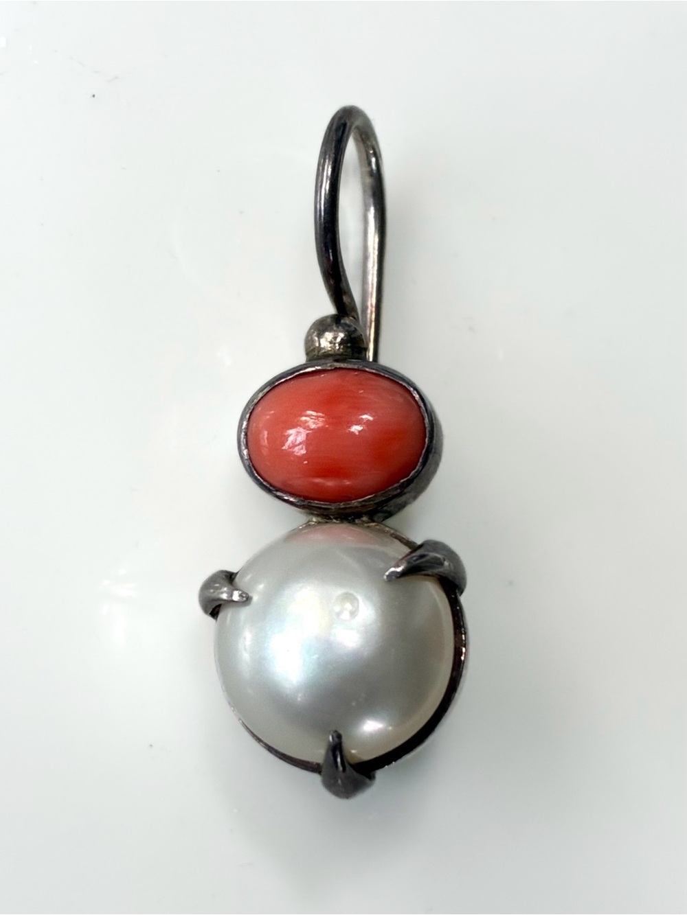 Vintage Sterling Silver Pearl & Coral Drop Earrings Estate Jewelry